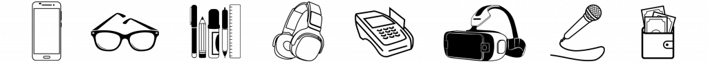 Grafiken von Geräten die man desinfizieren kann Brille Handy Kartenlesegerät Mikrofon Kopfhörer Stifte Kugelschreiber Headset